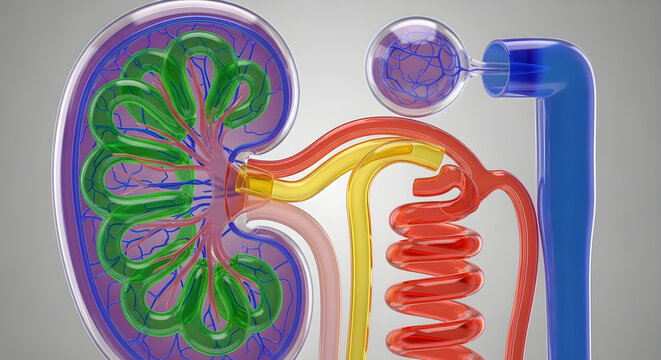 Illustration showing detailed internal structure of a human kidney and nephron unit.