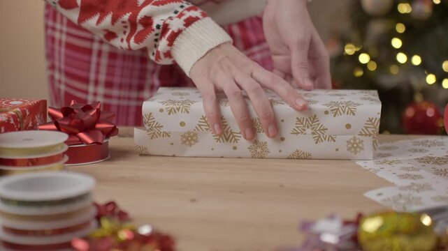 Woman wearing Christmas sweater wrapping gift box with festive paper on table
