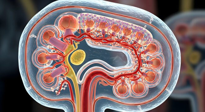 Intricate cross section model of human kidney showing renal cortex and complex blood vessels.