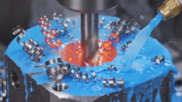 CNC drilling machine bores a hole into steel block with blue coolant
