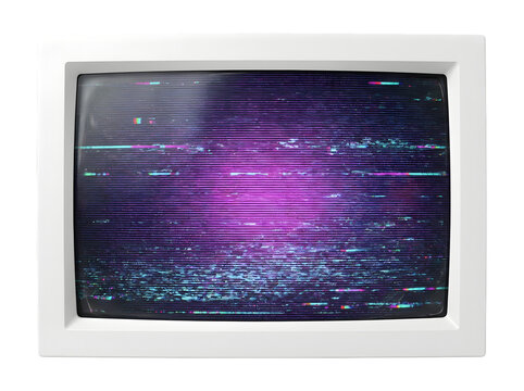 A vintage white computer monitor displaying a broken signal with purple and blue digital glitch noise on the screen