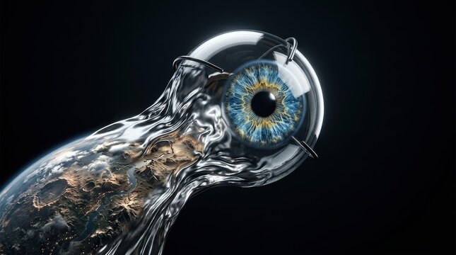 Surreal human eye blending into molten liquid planet
