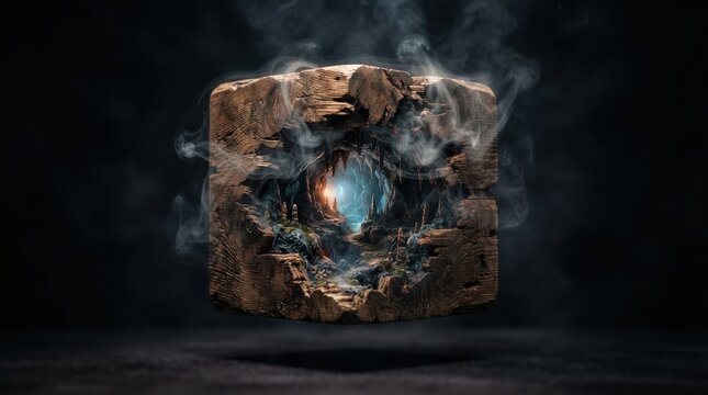Floating rock cube with glowing magical cavern interior and smoke