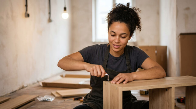 Woman assembling flat pack furniture using an Allen key in a room under renovation