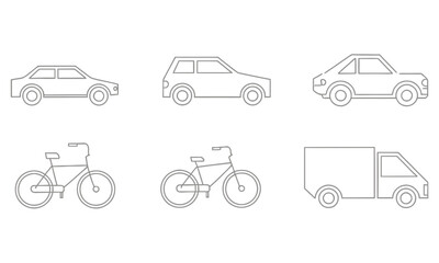 Naklejka premium Simple line of vehicles and bicycles, isolated on white background, truck