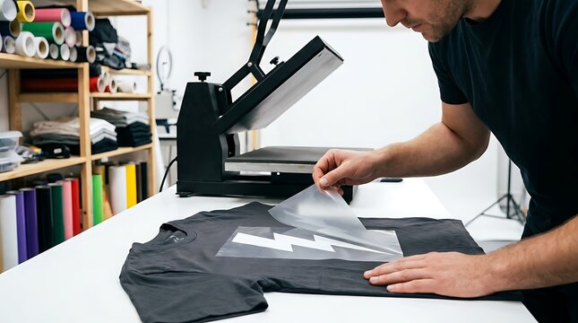 Man applying heat transfer vinyl design onto dark t-shirt using professional heat press machine for custom apparel creation in workshop setting.