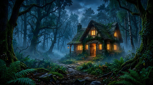 Cozy wooden cottage glowing in a dark mysterious forest at night with tall trees