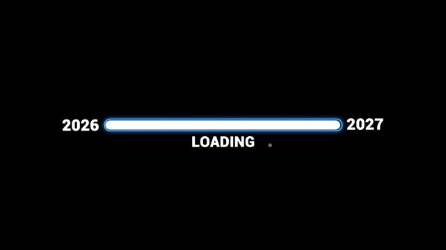 New year 2027 loading bar animation Year changing from 2026 to 2027. Loading bar from 2026 to 2027 new year transfer animation. Almost reaching New Year on black background.