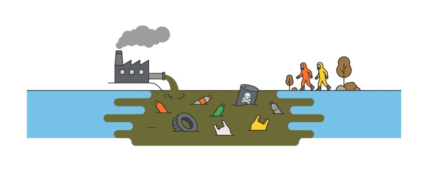 Factory pollution contaminating river with industrial waste and plastic debris