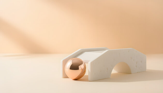 Minimalist product stage with marble arch and glossy bronze sphere on beige background for modern display