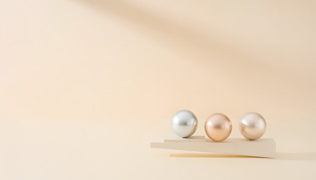 Minimalist luxury business concept with three balanced metallic spheres on platform for Q4 strategic planning and goals