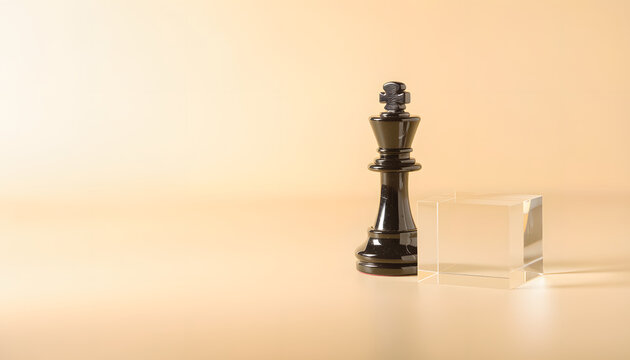 Black Chess King Piece Next to Glass Cube on Beige Background for Business Strategy Concept