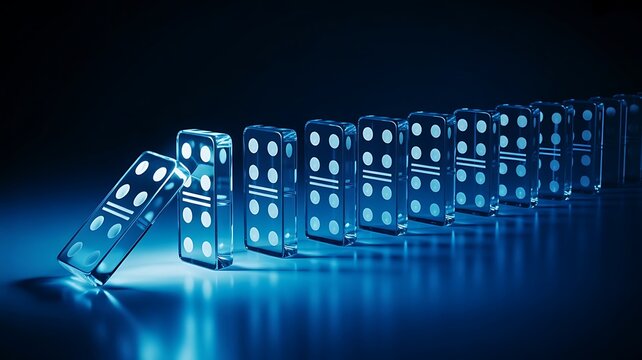 Row of falling glass dominoes creating a chain reaction effect in a dark environment with blue neon lighting and reflective surface