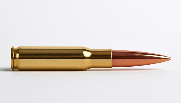 A Single Rifle Cartridge with a Copper Bullet and Brass Casing.