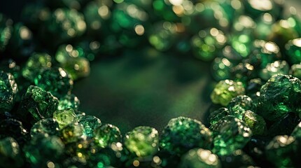 Fototapeta premium Macro shot of raw emeralds, showcasing vibrant green facets and beautiful bokeh lights, ideal for