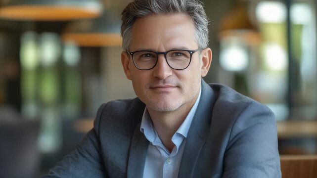 Man in glasses smiles gently. Dressed smartly, he sits relaxed. Soft background shows blurred cafe lights. Warm tones frame his composed expression. Professional and approachable aura