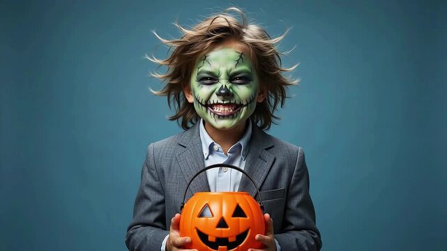Cute boy with spooky zombie face paint holding Halloween pumpkin bucket