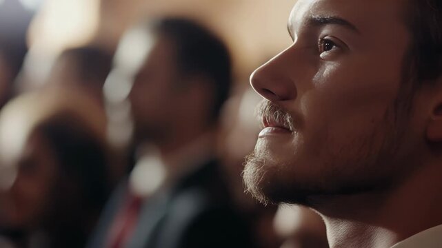 The man has a beard and is not paying attention to the camera. There are other blurred figures in the background suggesting he is at an event or gathering.