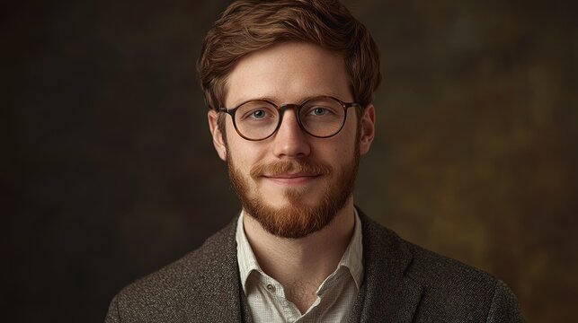 portrait of an Smiling young man in blazer, perfect short beard, wearing glasses, ultra realistic shot, 4k details, skin texture, 80mm lens, studio lighting 