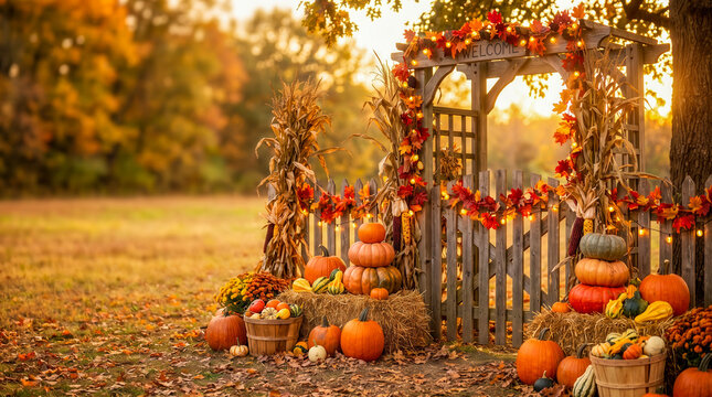 Rustic wooden welcome arch decorated with pumpkins gourds cornstalks and autumn leaves at a fall festival