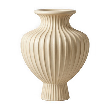Ceramic Urn with Vertical Ribbed Texture in Cream Color on White Background Featuring Vase, Beige, Design with Decorative
