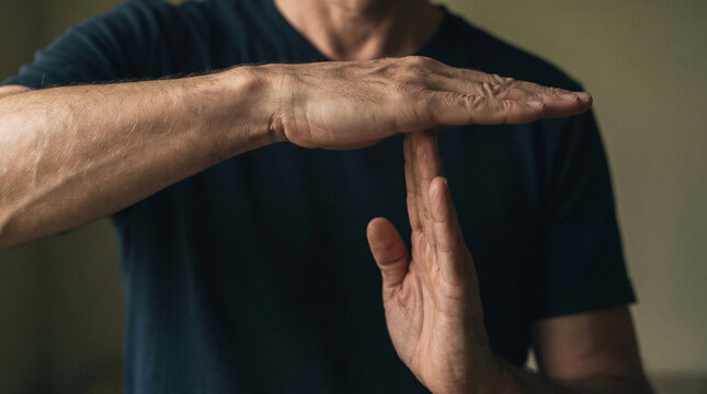 Man making a timeout hand gesture to communicate pause, stop, interruption, refusal or the need for an immediate break.