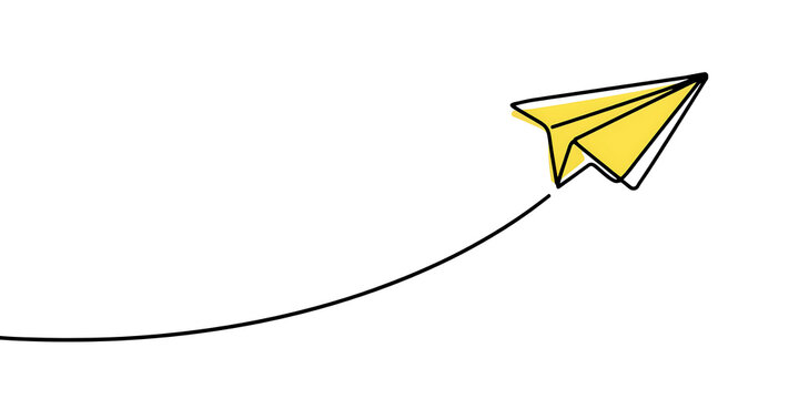Hand-drawn yellow paper plane soaring upwards with a dotted motion path creative trajectory progress imagination direction