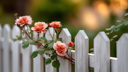 Fototapeta premium Gray wooden fence has pink roses in full bloom and some buds against a softly blurred golden light background during dawn or dusk