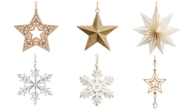 Six decorative hanging holiday ornaments featuring gold, silver, and white stars and snowflakes with beads, filigree and folded details, arranged on a clean transparent background