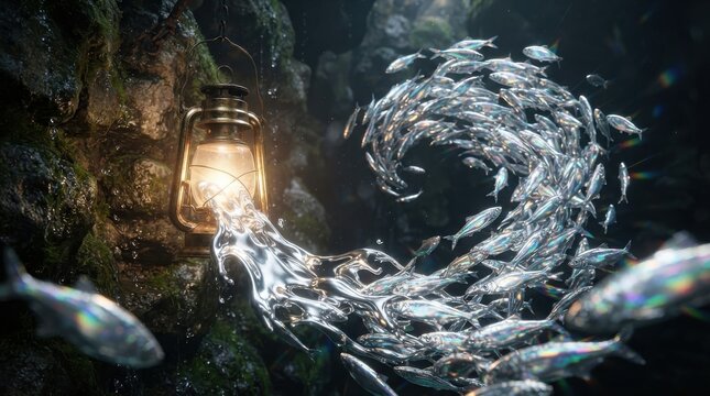 School of glowing silver fish forming a vortex near a lit lantern in a cave