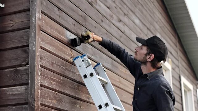 Professional handyman painting a wooden exterior wall with a brush while standing on an aluminum ladder, home renovation and maintenance concept.