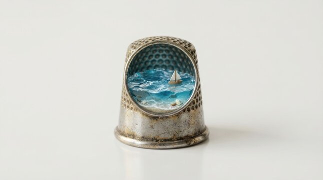 Miniature ocean landscape inside a vintage metal thimble