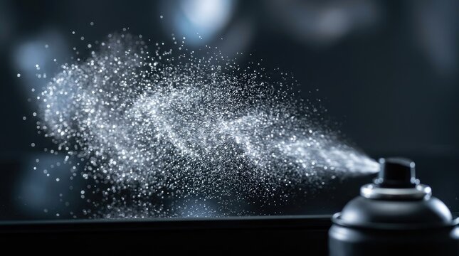 Abstract spray of fine particles against a dark background, macro shot