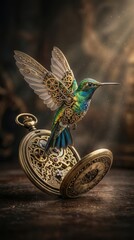 Obraz premium Steampunk Hummingbird Rising From Antique Pocket Watch