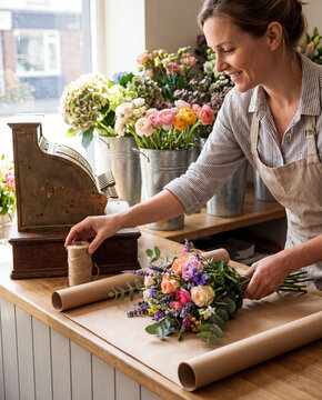 Florist wraps a bouquet of fresh flowers in kraft paper at a shop counter