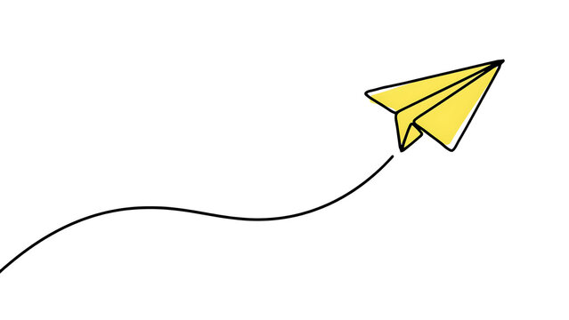 Yellow paper airplane flying with drawn flight path airplane creativity direction imagination movement paperwork innovation abstract minimalist