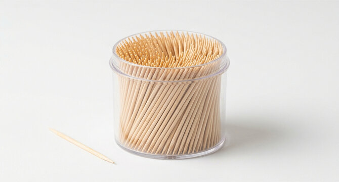 Container of Wooden Toothpicks &ndash; Cylindrical Holder with Pointed Sticks and Single Piece on White Surface for Hygiene