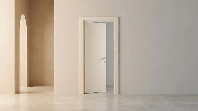 First time here in a new minimalist home interior with a slightly open door leading to a clean room representing a fresh start and new beginnings today