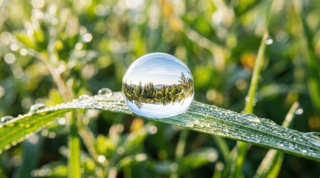 Perfect Dewdrop Reflecting a Miniature Forest Landscape on a Blade of Grass at Sunrise