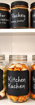 Kitchen jars with chalkboard labels on white background, farmhouse decor, vintage style
