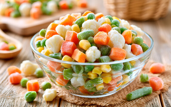 Mix of different frozen vegetables in a glass bowl on wooden table. Frozen food