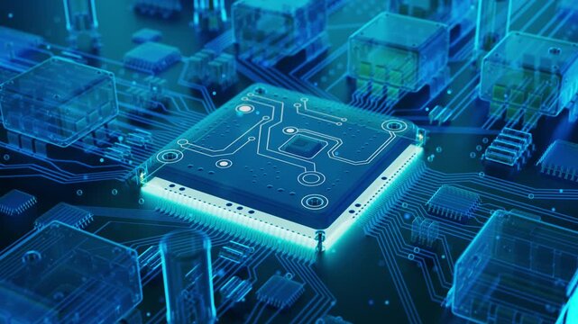 Sci-fi inspired 3D animation showing an advanced processor chip with luminous motherboard pathways, x-ray electronics and modern cyber technology design.