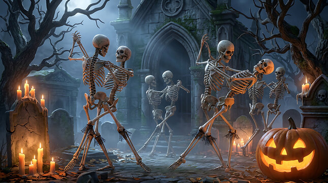 Dancing skeletons in a spooky cemetery at night for Halloween celebration party concept