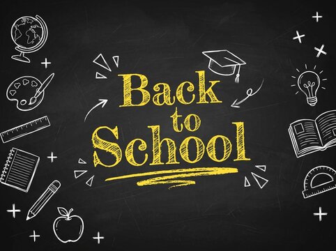 Back to school text sign with hand drawn education supplies and icons on a black chalkboard background