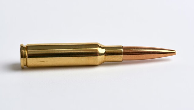 Single Rifle Cartridge Ammunition on White Background.