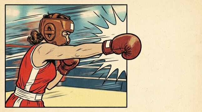 Woman boxer in protective gear throws a punch in a vintage comic book style women health