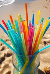 Obraz premium Colorful Plastic drinking straws in a glass on a sandy beach with ocean waves in the background, Plastic pollution and environmental waste are critical global issues