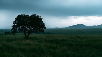 Fototapeta premium A lone tree stands in a vast grassy plain under an overcast sky with distant rolling hills
