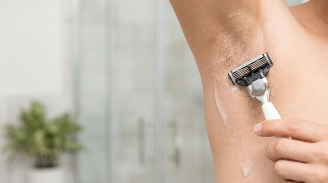 Close up of a person shaving their armpit with a razor and foam in a bathroom women health