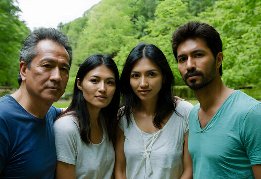 Multi-generational asian family portrait outdoors diverse group of people in nature family bonding and togetherness, the background features lush green trees and foliage a park or forest setting